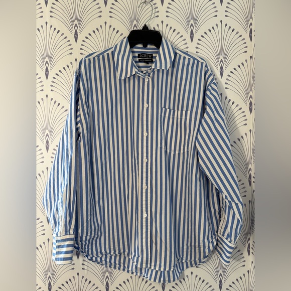 J. Crew Tops - J. Crew Women's Blue and White Striped Button Down Shirt OVERSIZED MEDIUM
